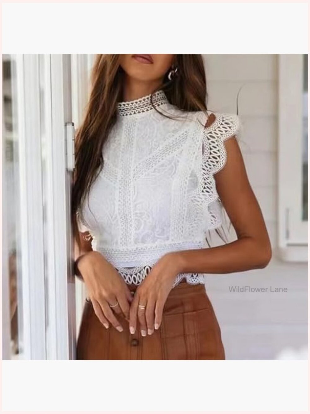 Sleeveless Lace Blouse Elegant Ruffle Trim Summer Top - Picture 3 of 6